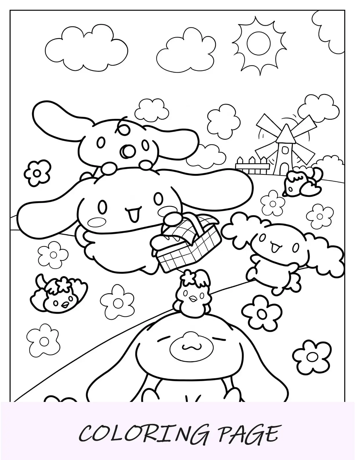 Cinnamoroll Pagina da colorare di cannella con latte e chiffon in fattoria