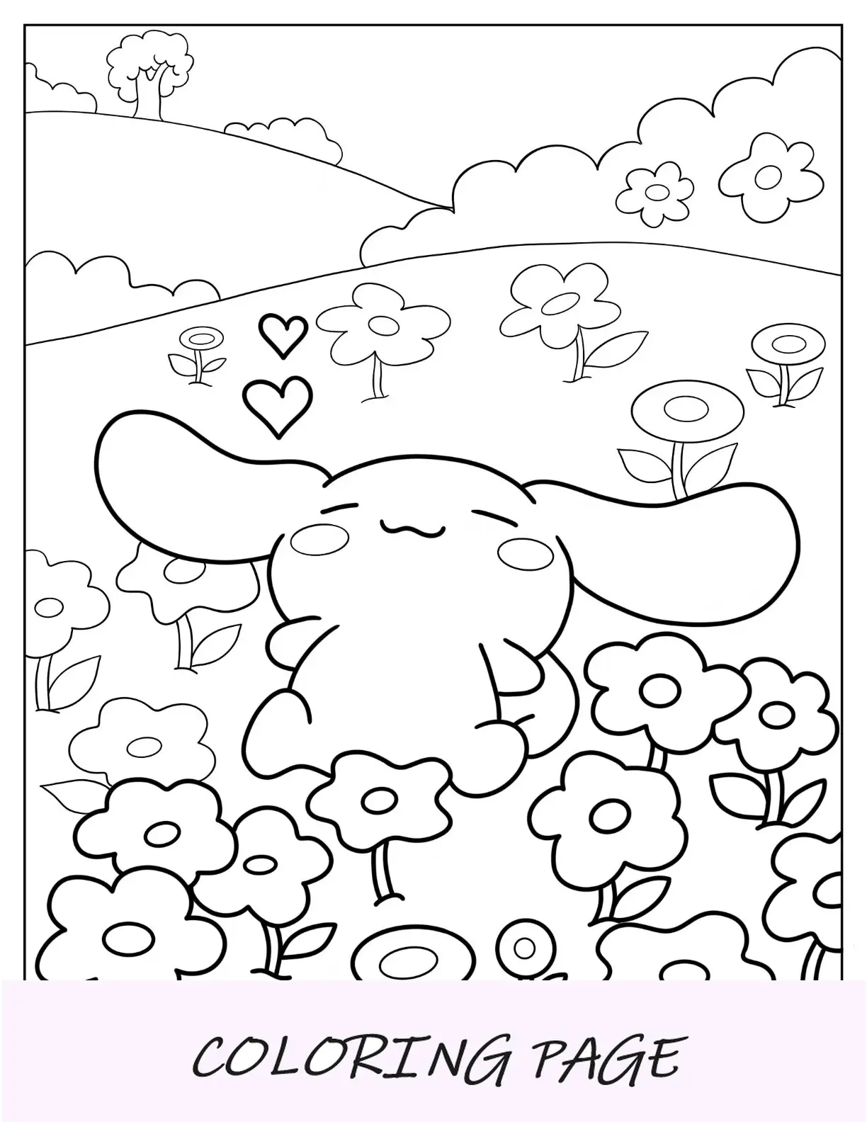 Cinnamoroll Pagina da colorare di cannella che dorme sul campo di fiori