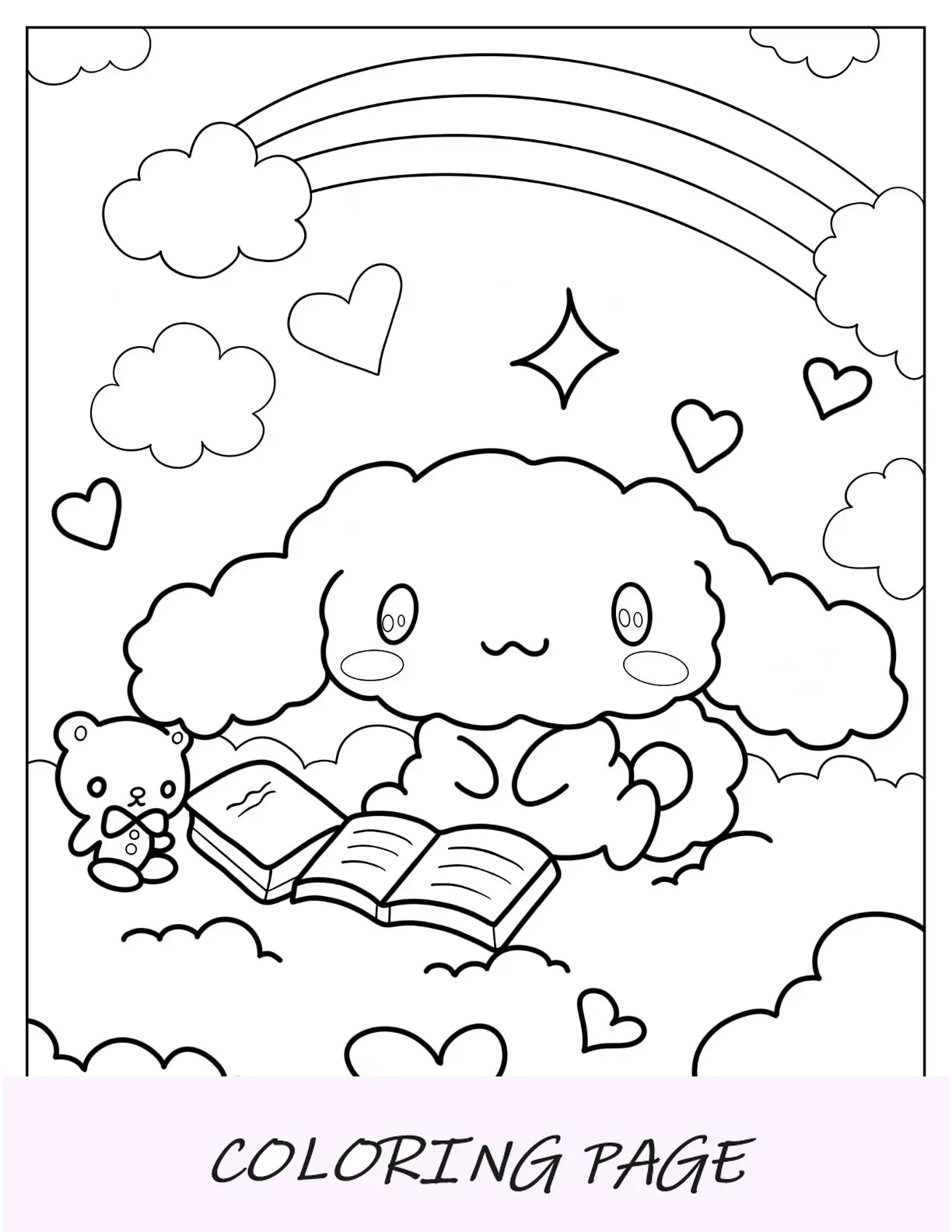 Pagina da colorare Puffy Cinnamoroll con libri sulle nuvole