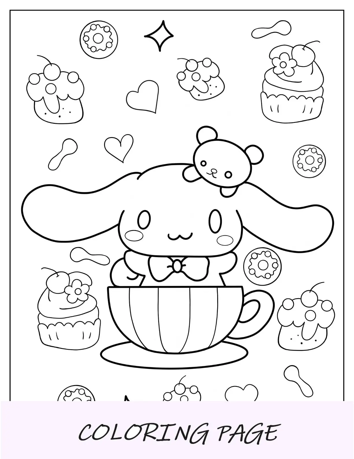 Cinnamoroll Pagina da colorare di cannella Kawaii con papillon in una tazza da tè