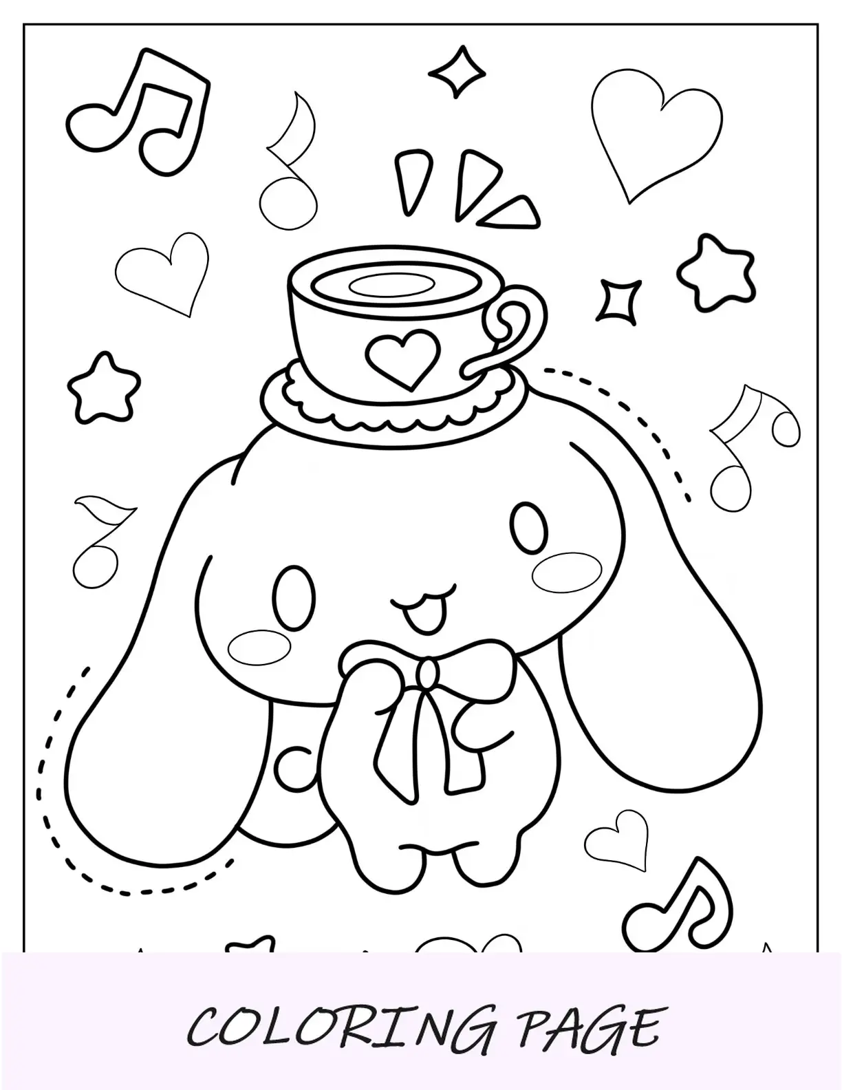 Pagina da colorare Cinnamoroll con tazza da tè sulla testa