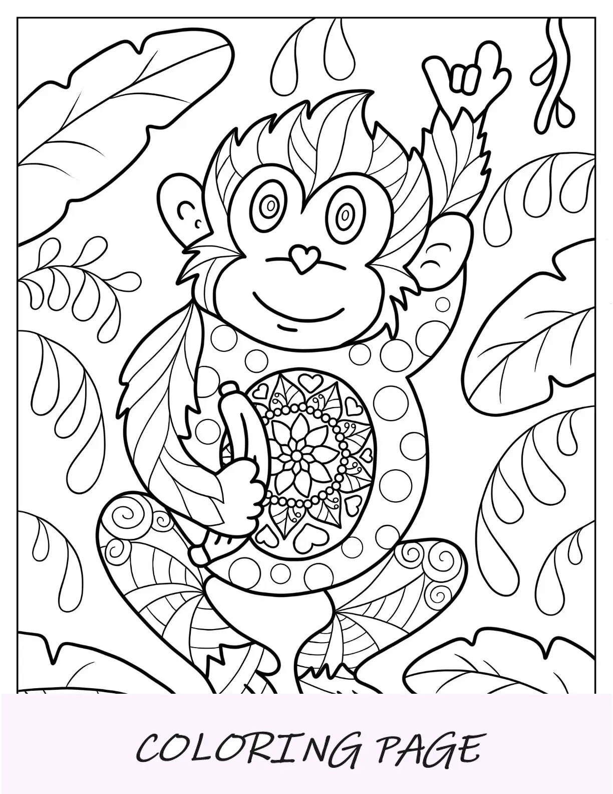Página para colorir de macaco mandala segurando banana