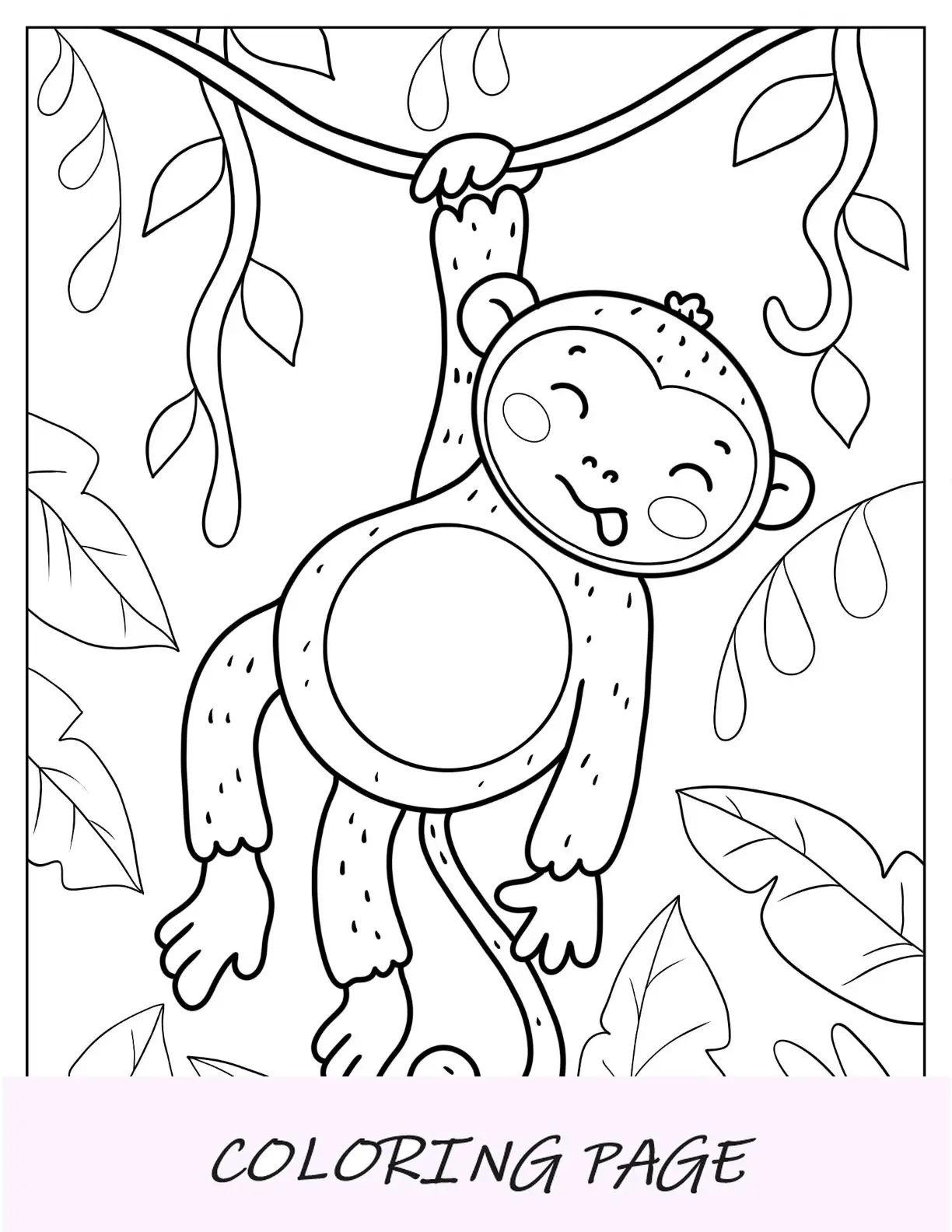 Página para colorir de macaco feliz pendurado na videira