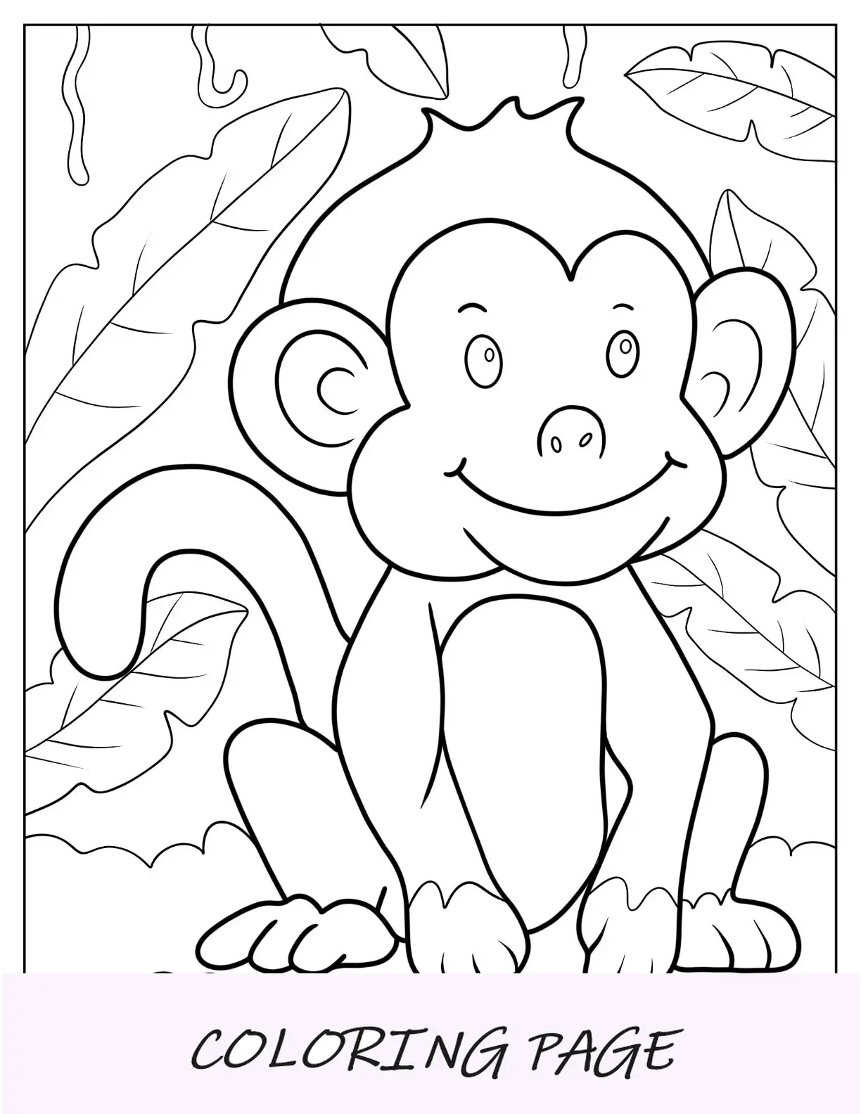 Página para colorir de um macaco sorridente sentado na floresta