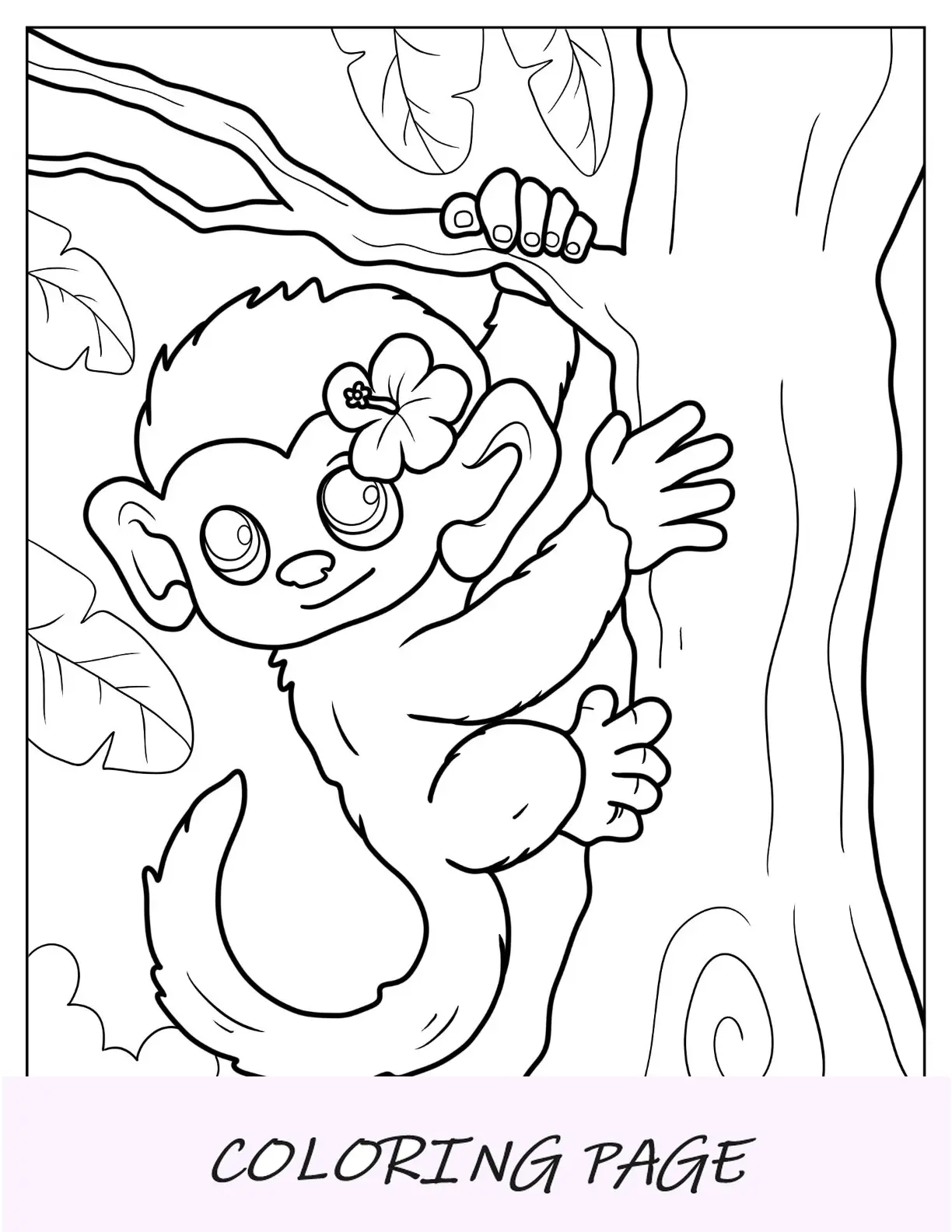 Página para colorir de macaco bebê Kawaii com flor atrás da orelha