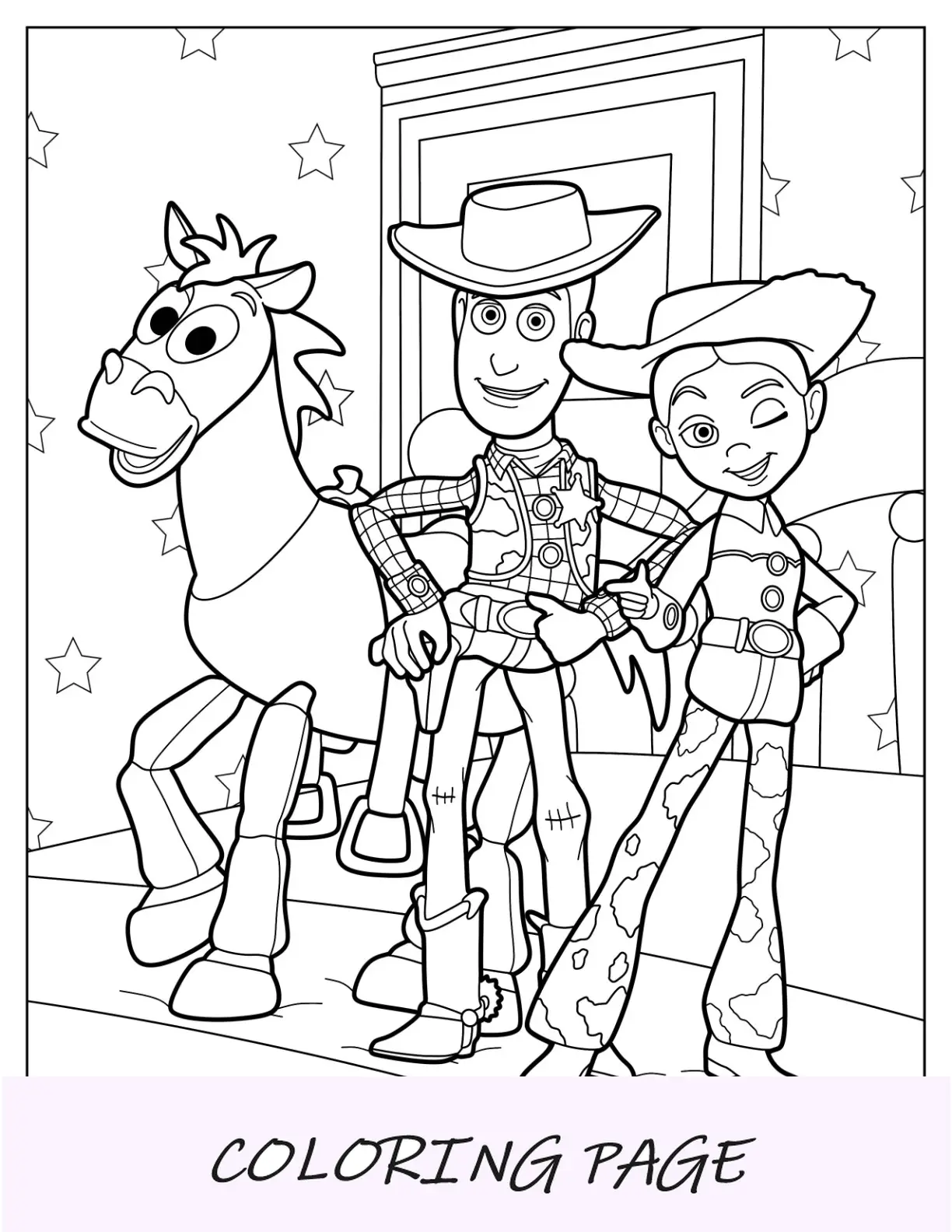 Pagina da colorare di Woody con un piede sulla palla giocattolo per bambini