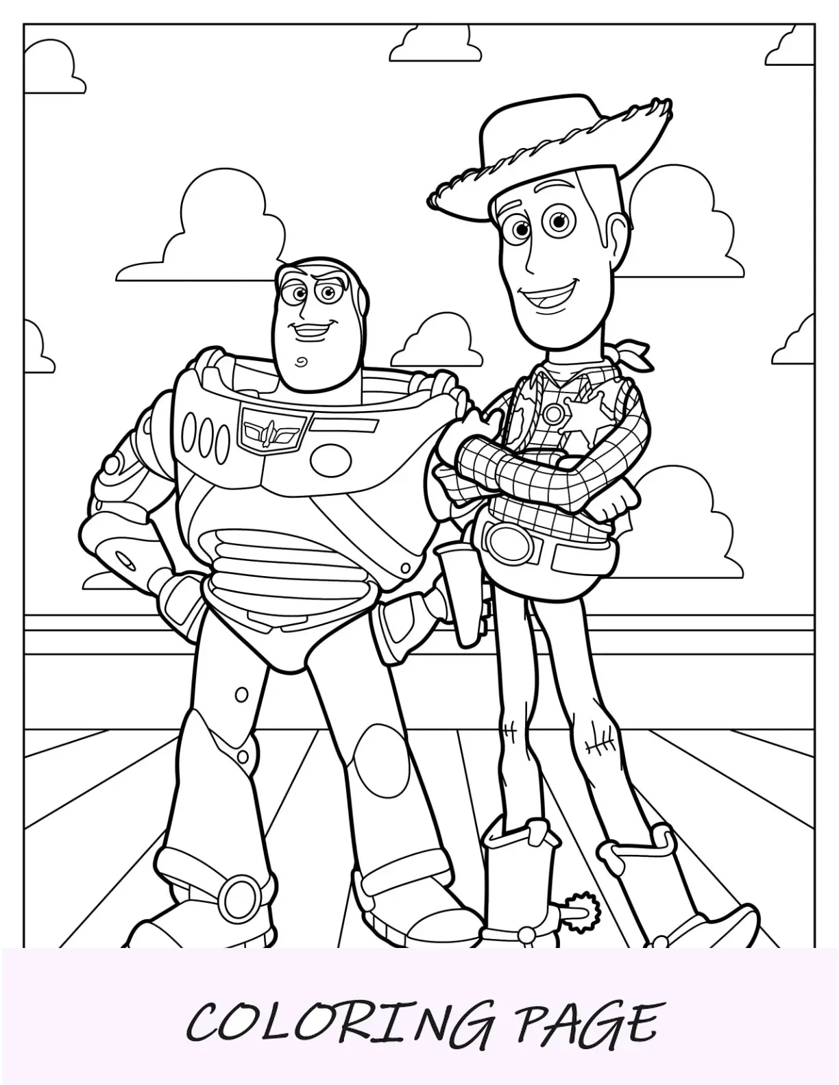 Pagina da colorare dello sceriffo Woody in posa con una gamba sul blocco alfabetico