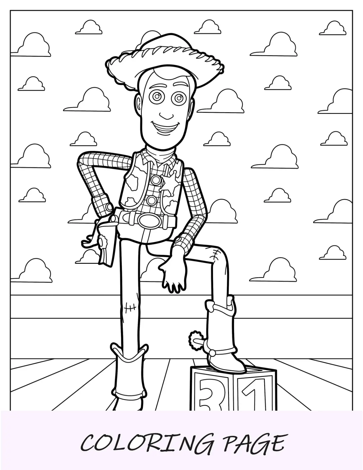 Pagina da colorare dettagliata di Woody con il logo dello sceriffo