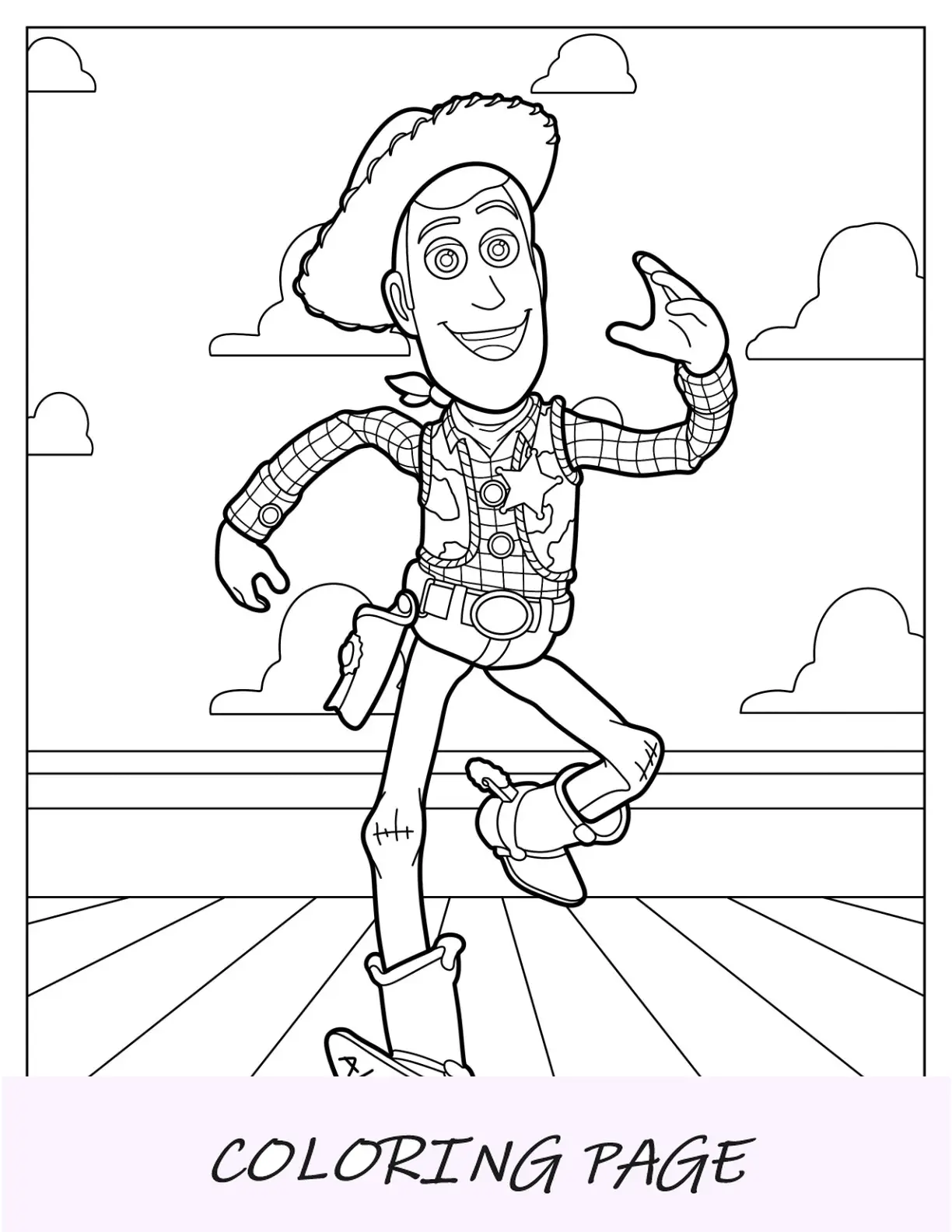 Pagina da colorare Buzz e Woody seduta sotto il logo di Toy Story