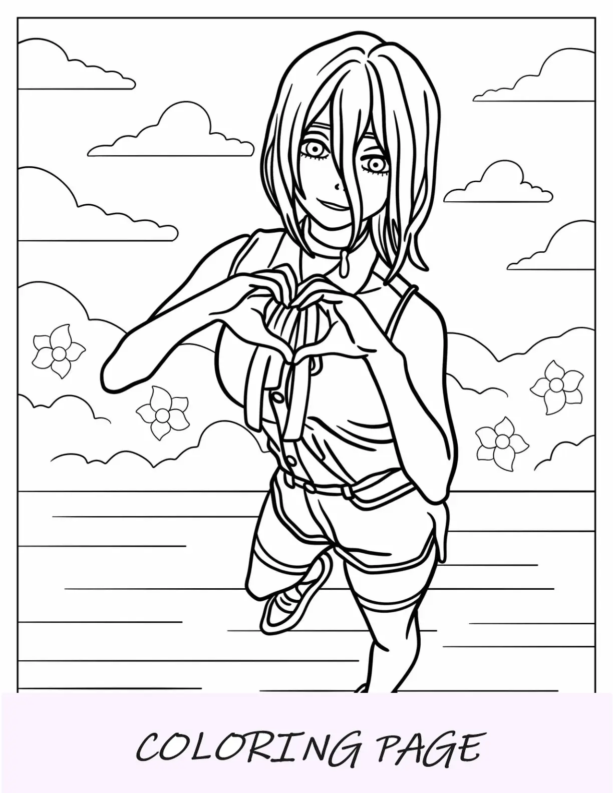 Página para colorir do homem serra elétrica de Kobeni Higashiyama fazendo sinal de paz
