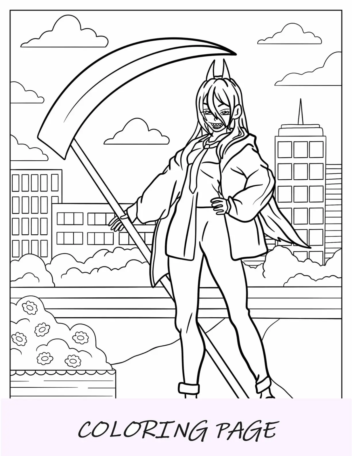 Página para colorir do homem serra elétrica de Kawaii Pochita babando para crianças