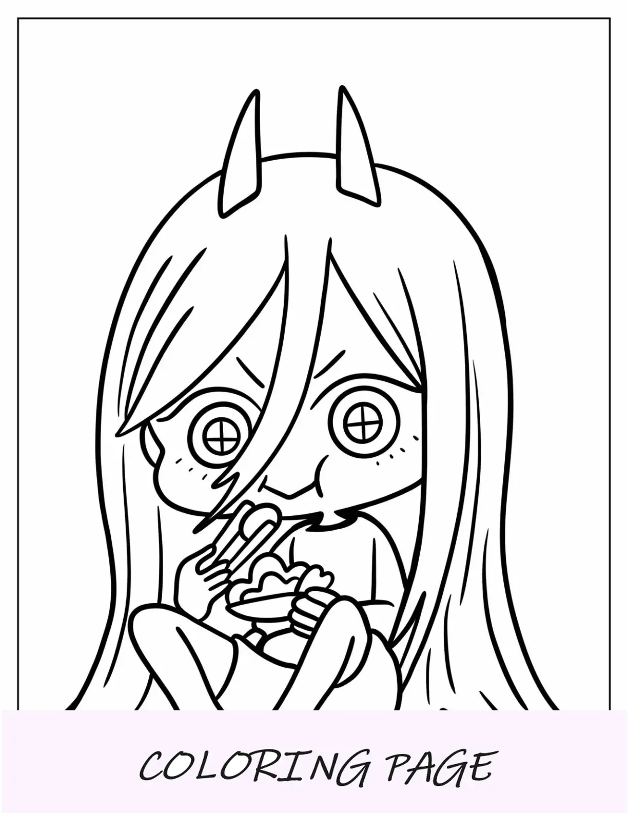 Página para colorir do homem serra elétrica do fofo Chibi Angel Devil comendo biscoito para crianças
