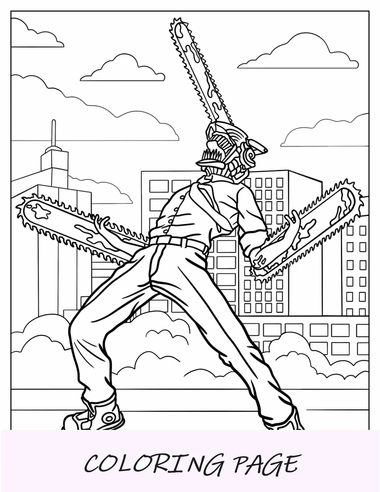 Página para colorir do homem serra elétrica de Denji com Pochita e Makima