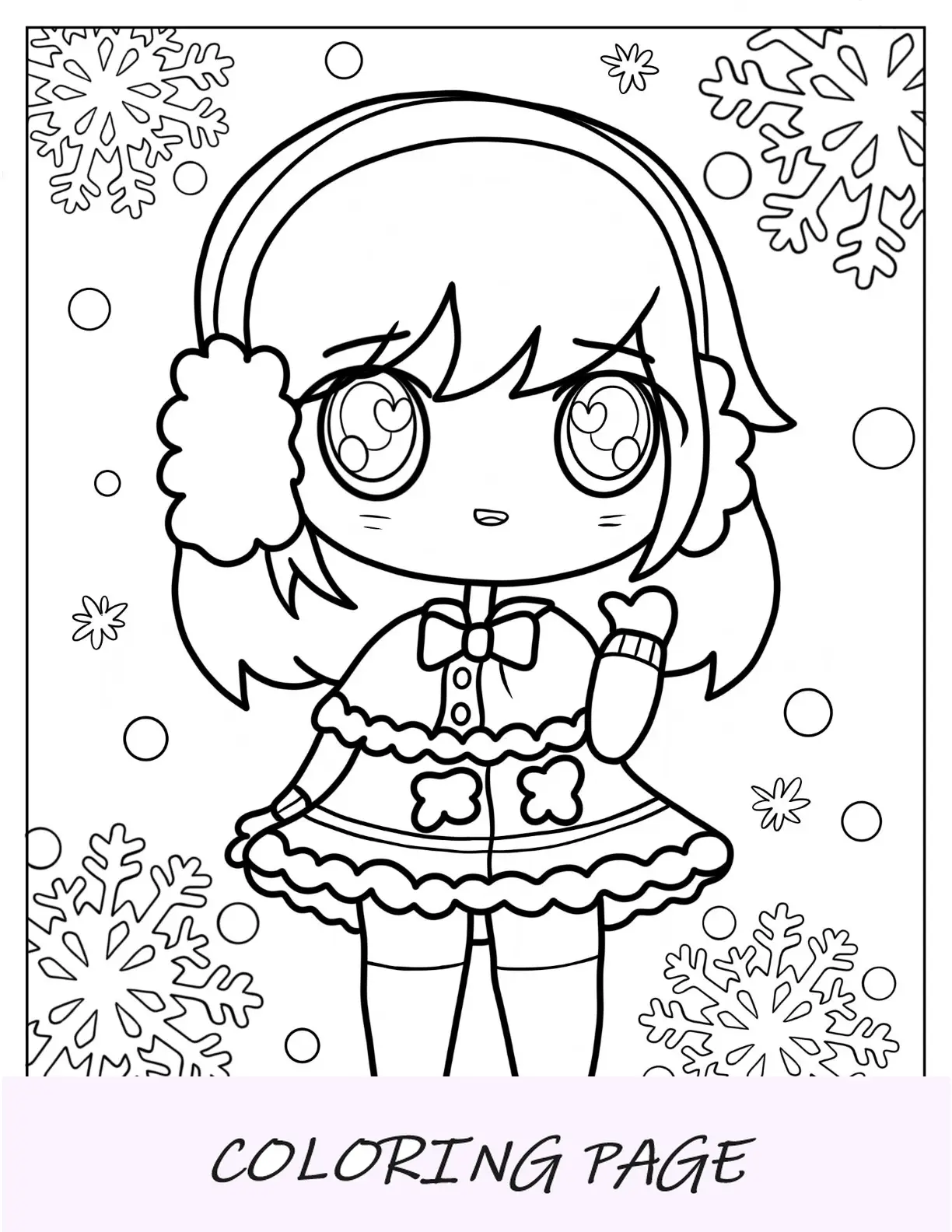 Chibi-Mädchen in Winterkleidung, umgeben von einer Schneeflocke zum Ausmalen