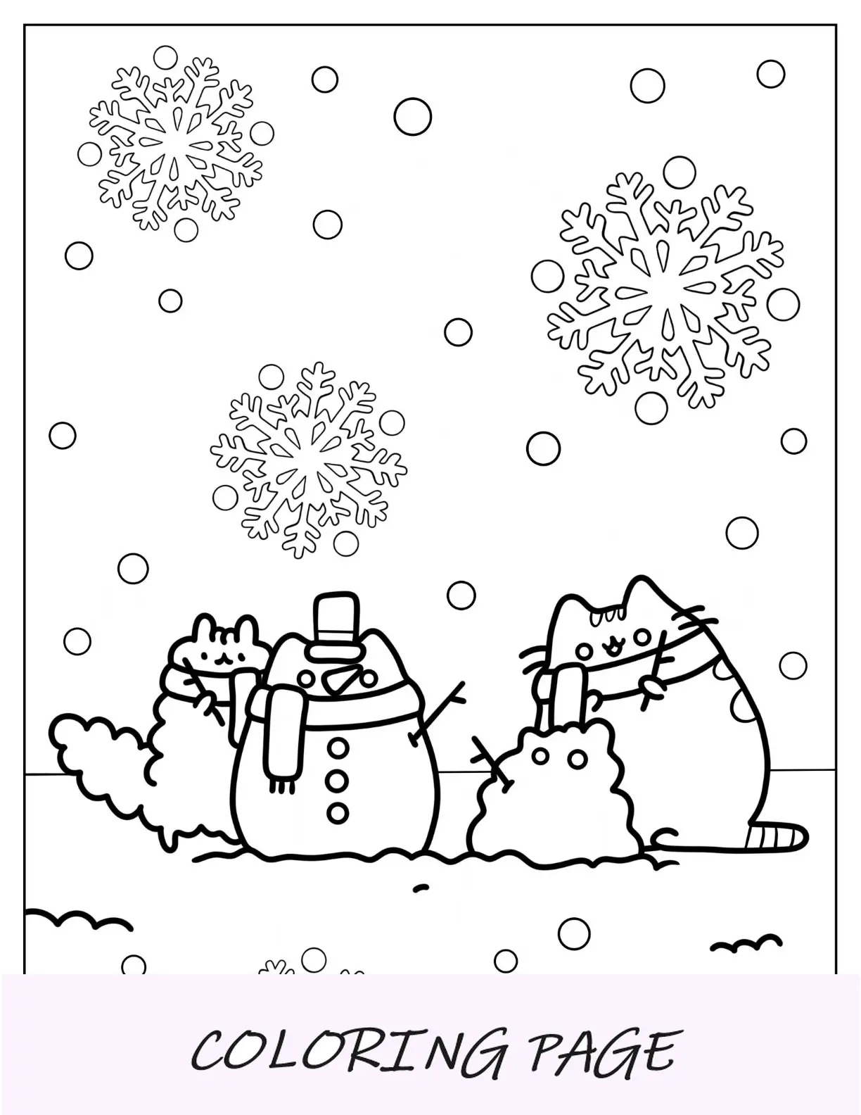 Malvorlage Schneeflocke, die auf Pusheen, Stormy und Schneemann fällt