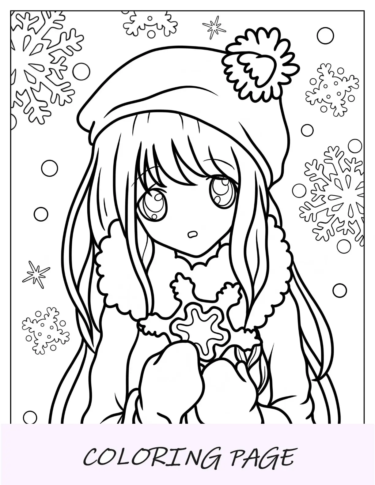Kawaii Anime Girl Holding Schneeflocke Malseite