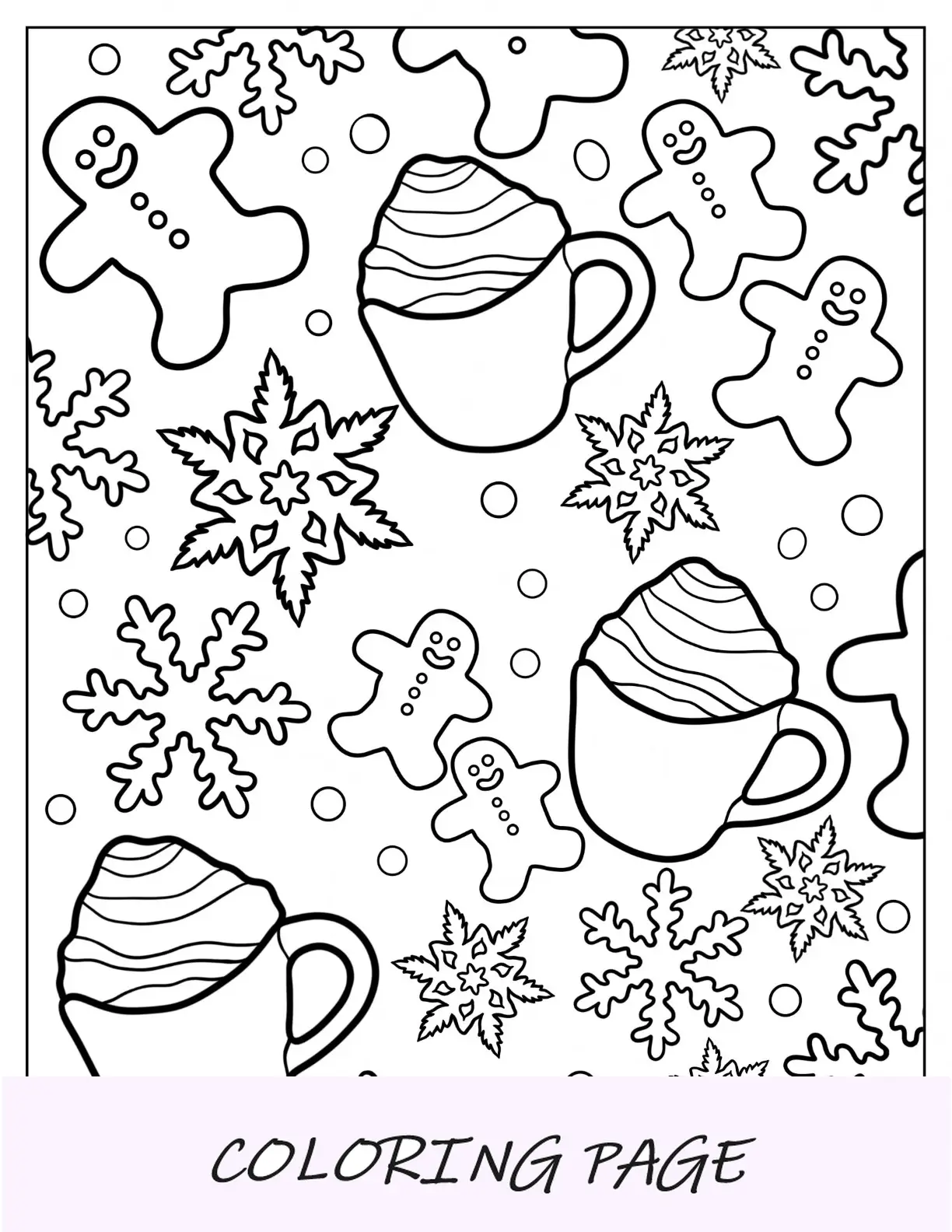 Schneeflocken-Malseite mit heißem Kakao und Lebkuchenmann