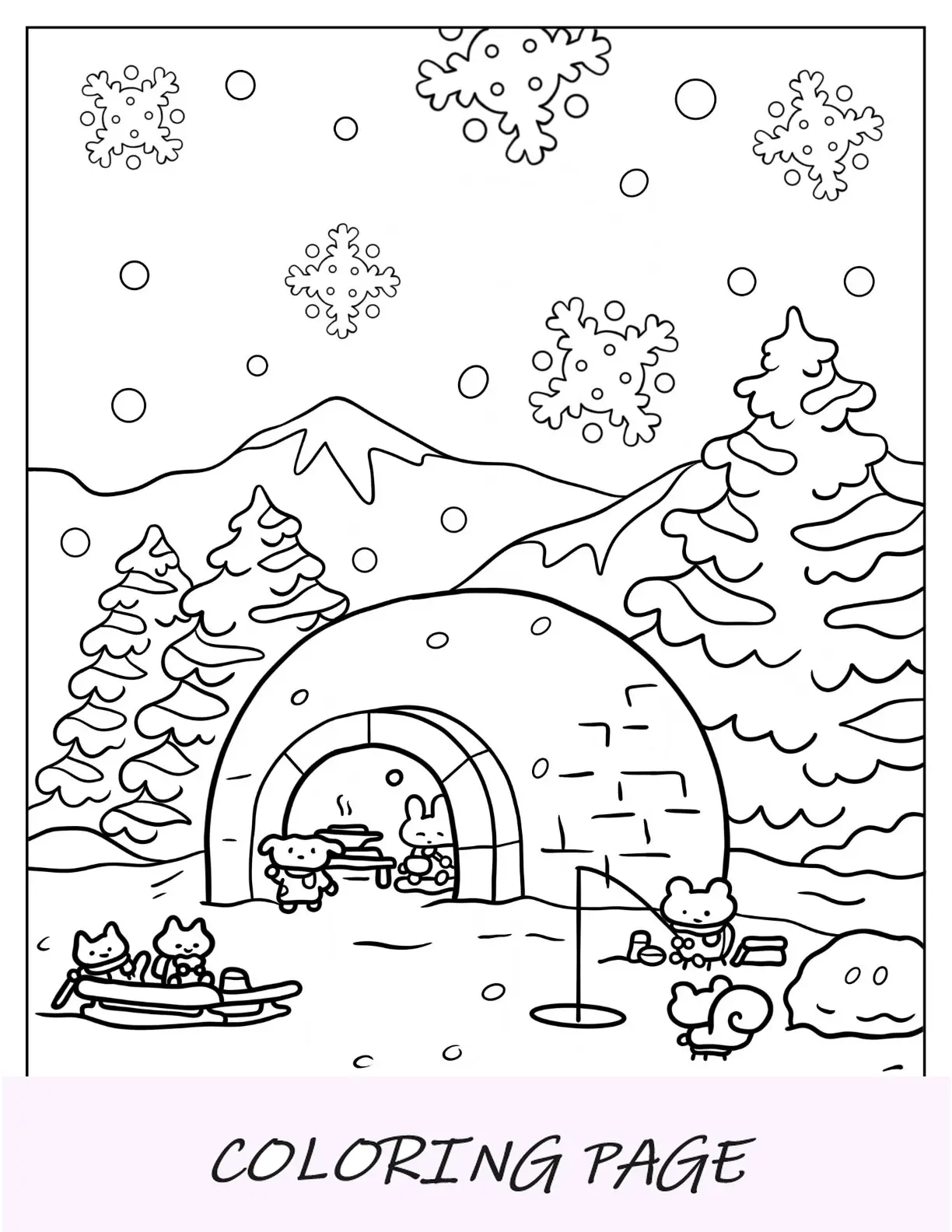 Schneeflocke-Malseite, die auf eine Cartoon-Eskimo-Familie und ein Iglu fällt