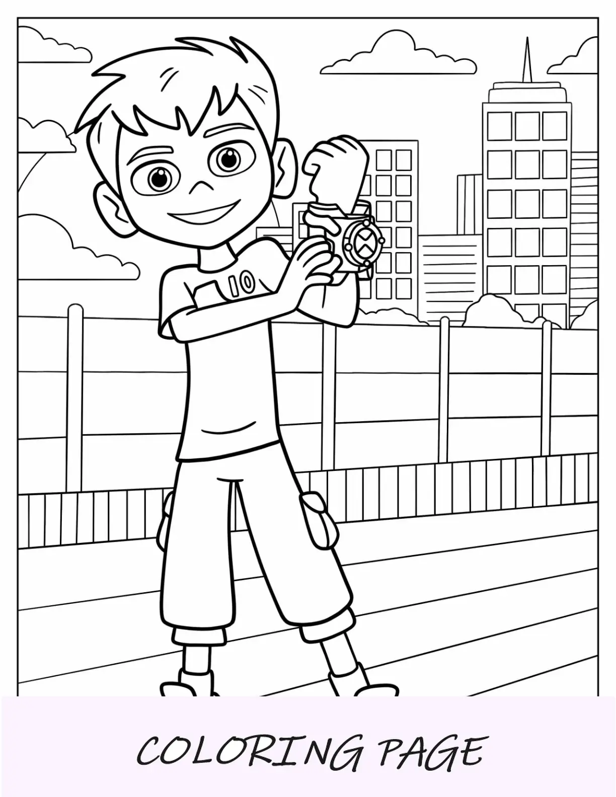 Ben 10 Página para colorear del joven Ben Tennyson sosteniendo Omnitrix