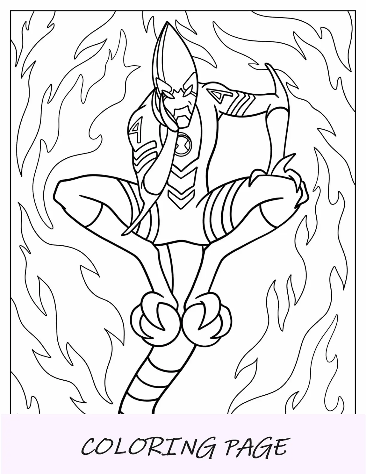 Ben 10 Página para colorear de XLR8 rodeado de llamas
