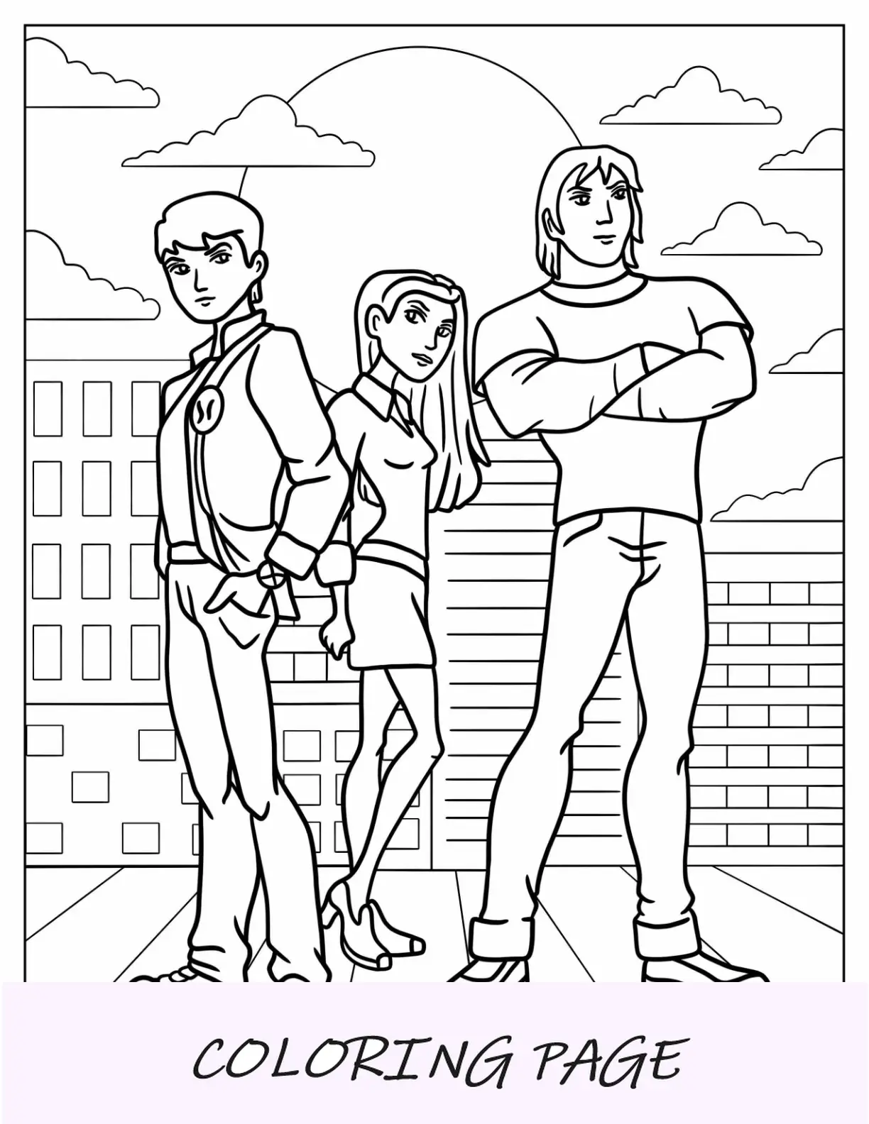 Ben 10 Página para colorear de Ben Tennyson adulto con Gwen Tennyson y Kevin Levin