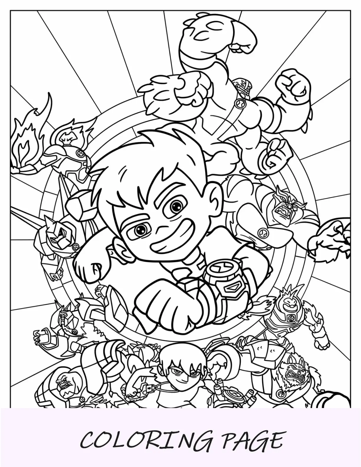 Dibujo para colorear de Ben 10 y Kevin Levin con extraterrestres