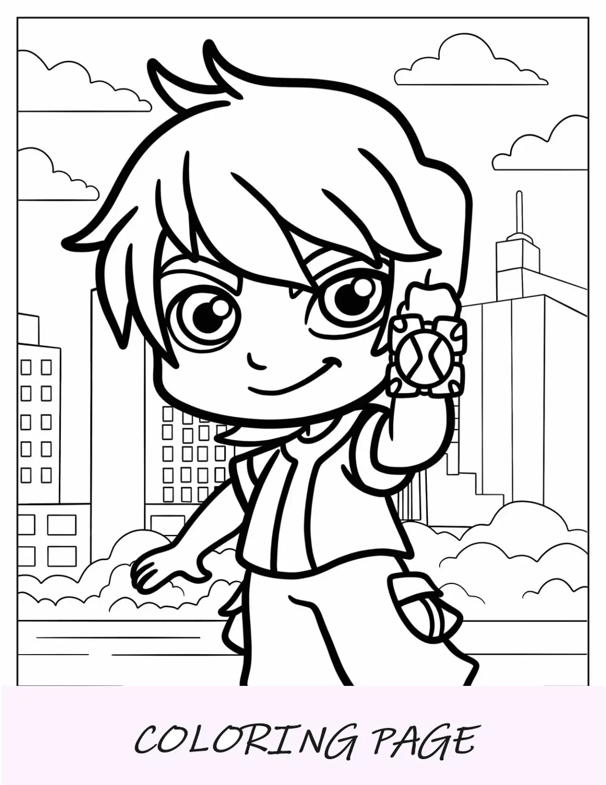 Ben 10 Página para colorear de Kawaii Ben Ten sosteniendo Omnitrix para niños en edad preescolar