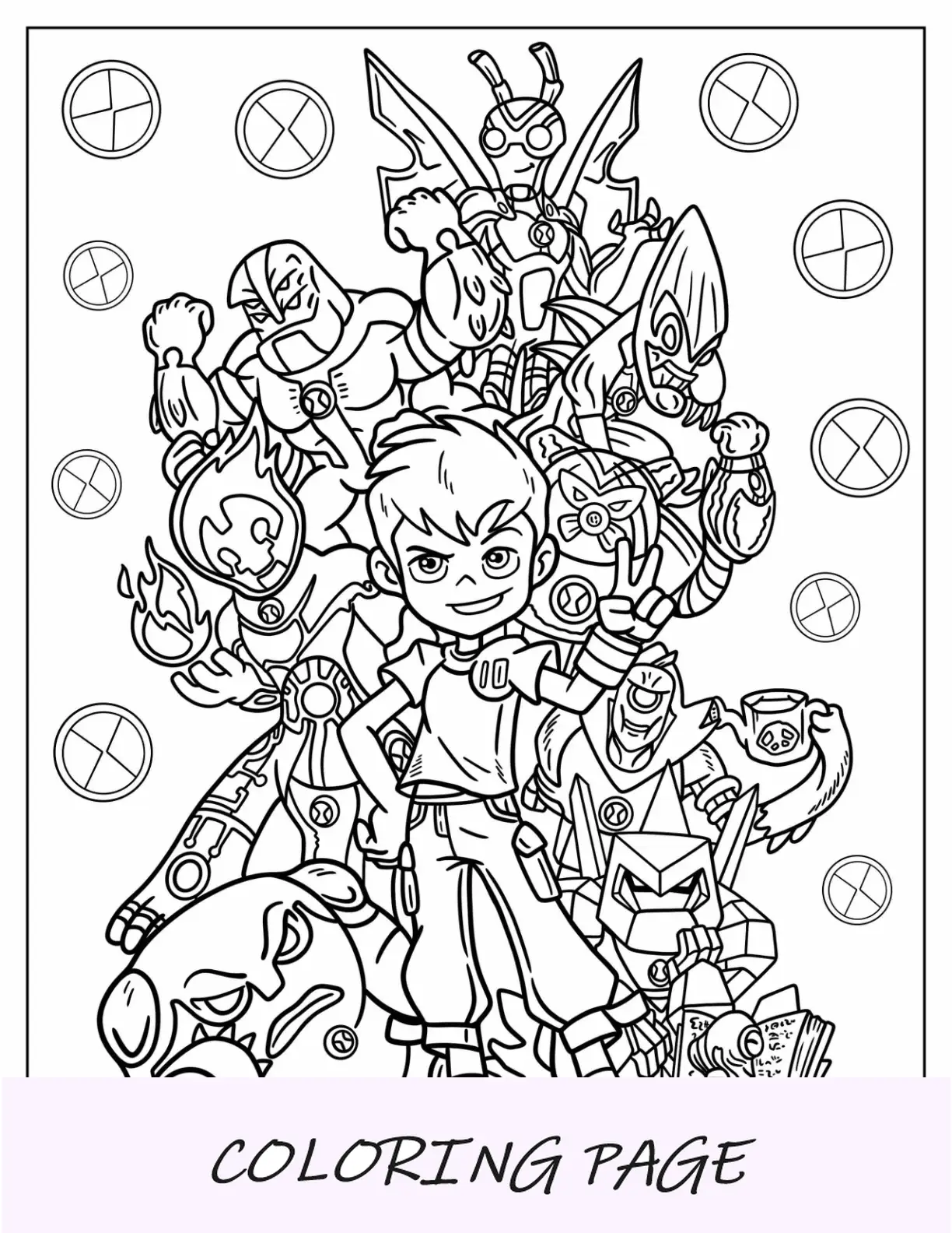 Ben 10 Página para colorear de Ben Tennyson con los diez alienígenas