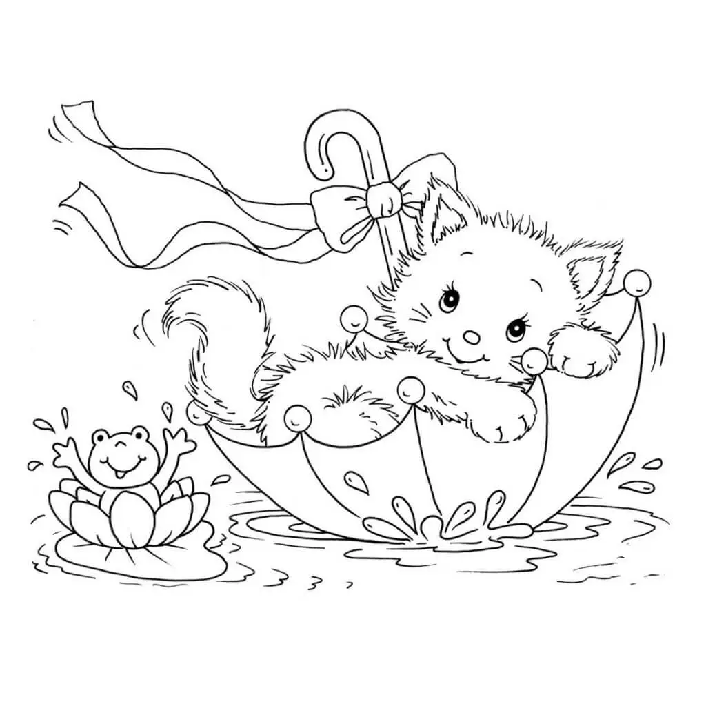 Cute Umbrella Cat Coloirng Page