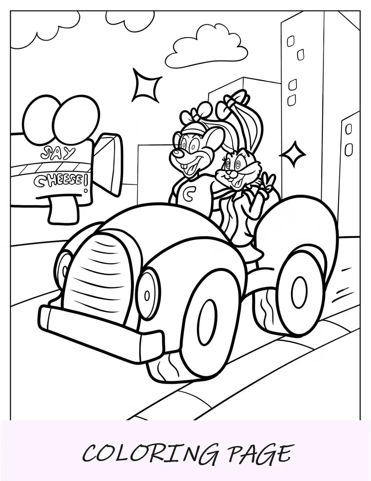 Página para colorir de Chuck E. Cheese com Bella Bunny andando de carro