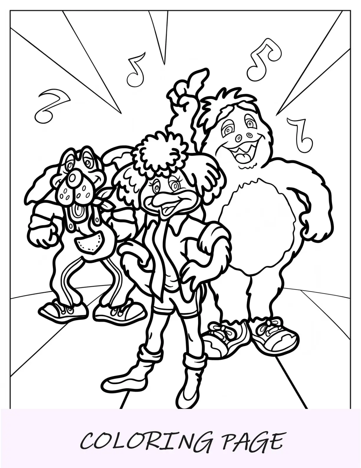Página para colorir de Chuck E. Cheese de Jasper, Helen e Mr. Munch dançando para crianças