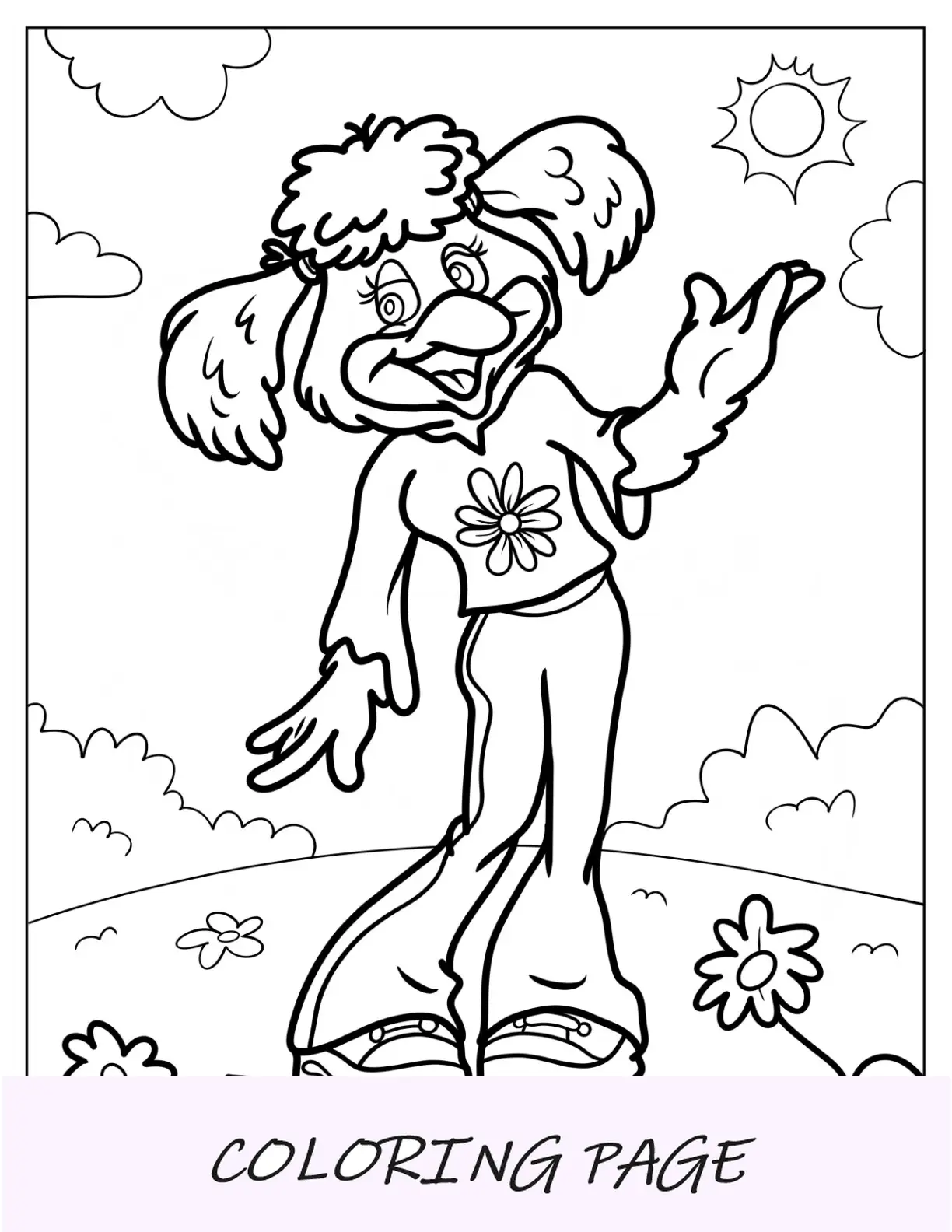 Página para colorir de Chuck E. Cheese de Helen Henny em um campo de flores para crianças
