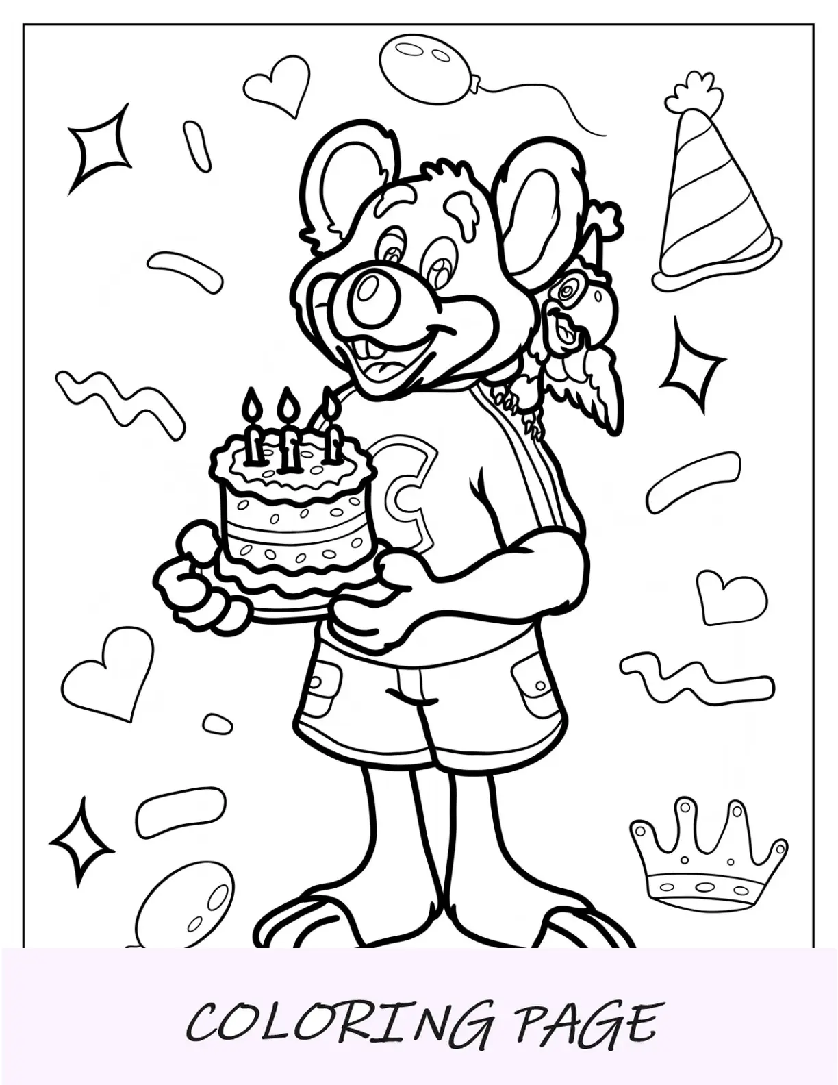 Página para colorir de Chuck E. Cheese com pássaro segurando bolo de aniversário