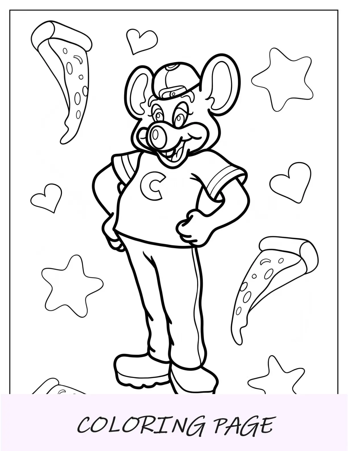 Página para colorir de Chuck E. Cheese com fundo de pizza