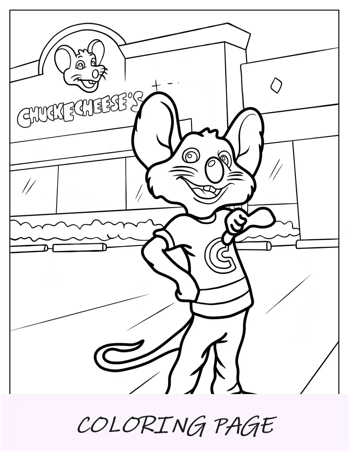 Página para colorir de Chuck E. Cheese em frente à loja