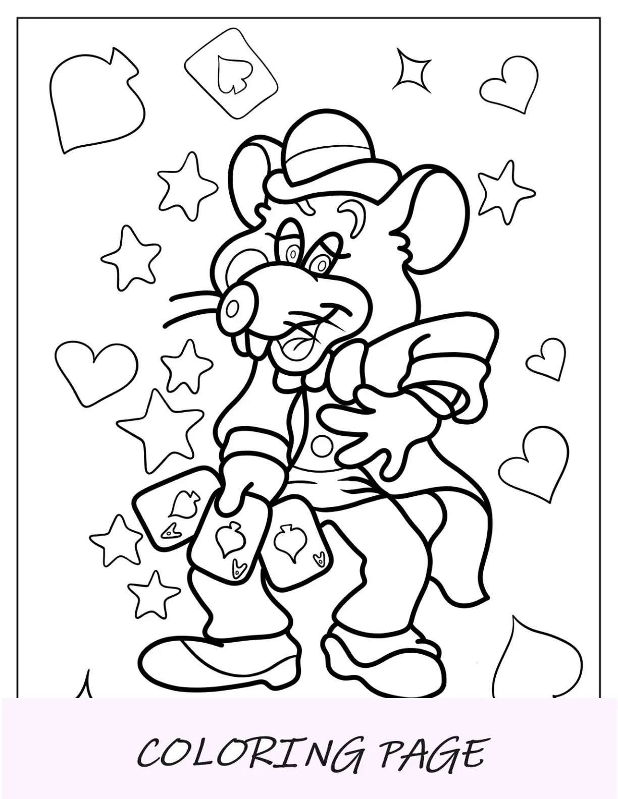 Página para colorir de Chuck E. Cheese realizando truque de mágica