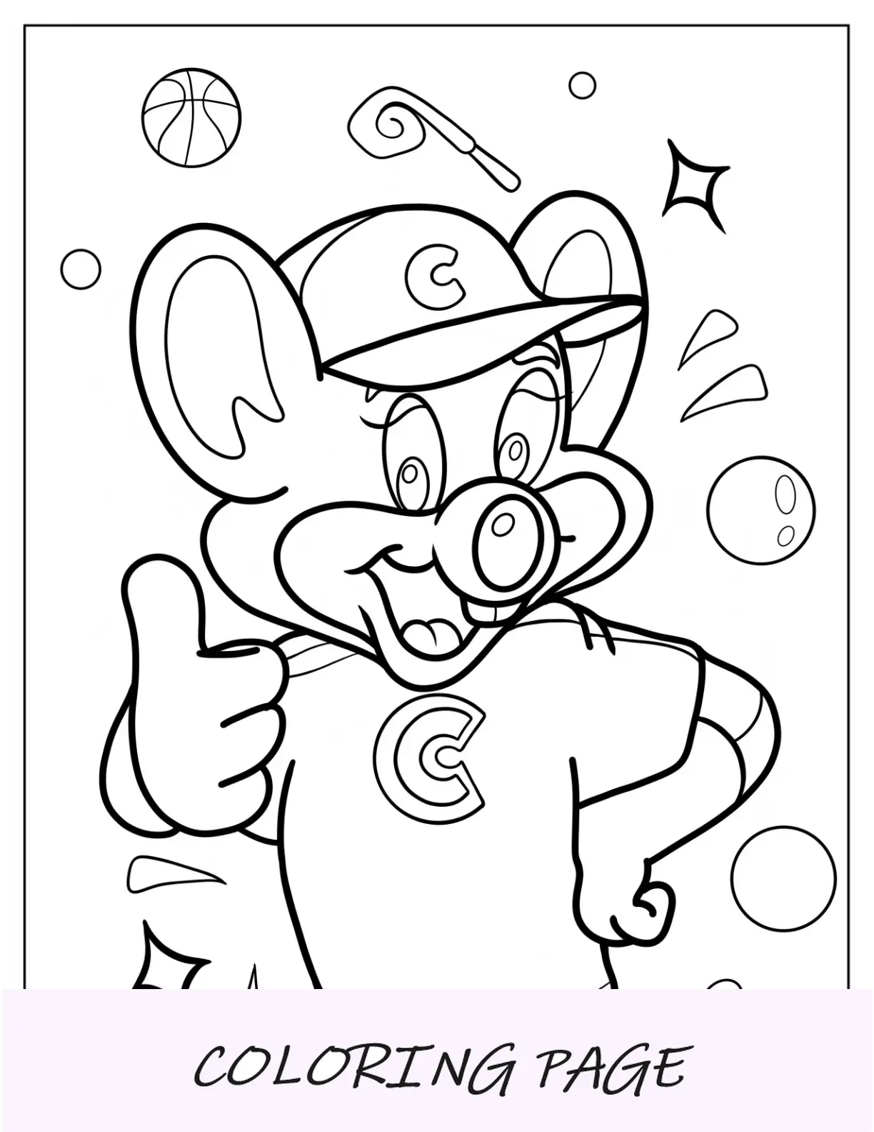Página para colorir de Chuck E. Cheese com esboço fácil de Chuck E Cheese para crianças em idade pré-escolar