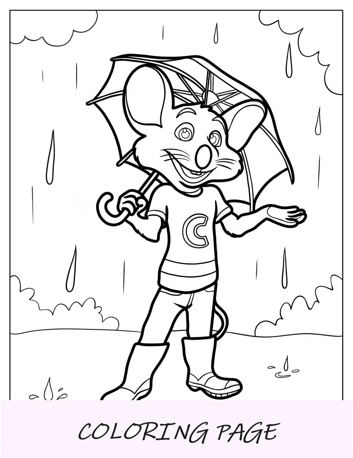 Página para colorir de Chuck E. Cheese segurando guarda-chuva na chuva
