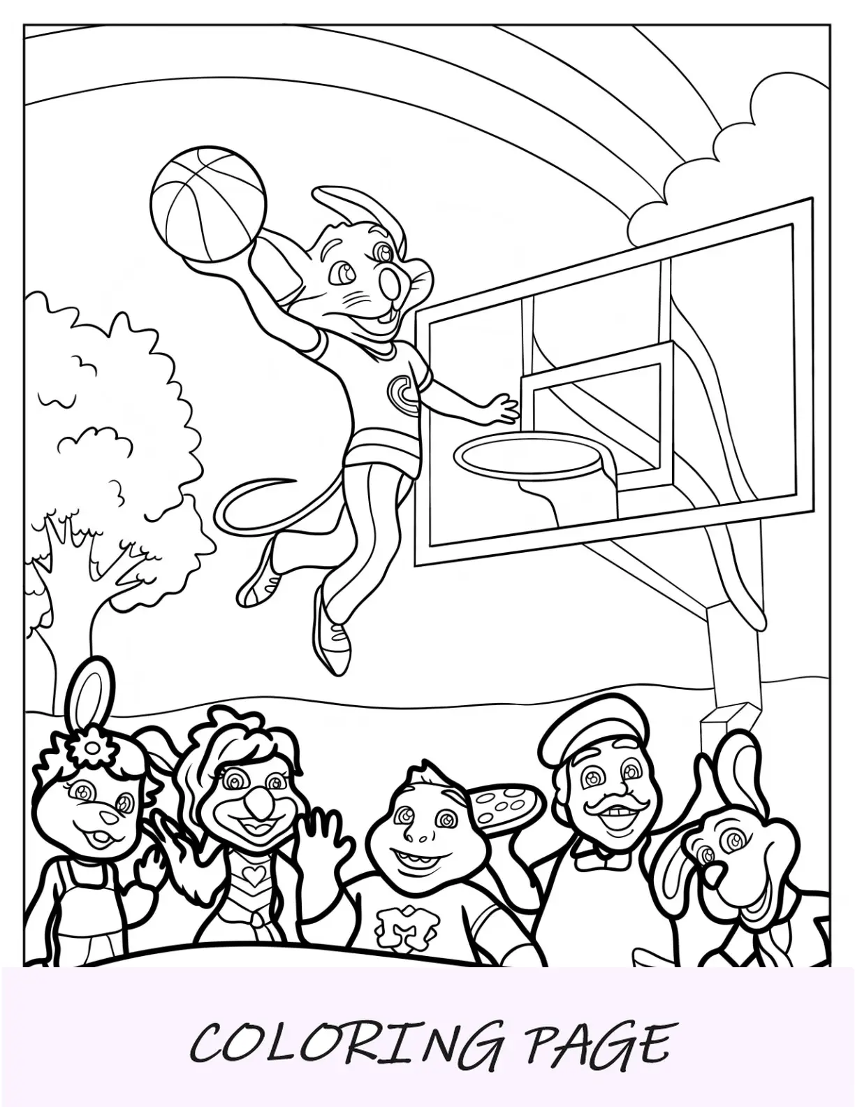 Página para colorir de Chuck E. Cheese Dunking Basketball com Bella, Helen, Sr. Munch, Pasqually e Jasper