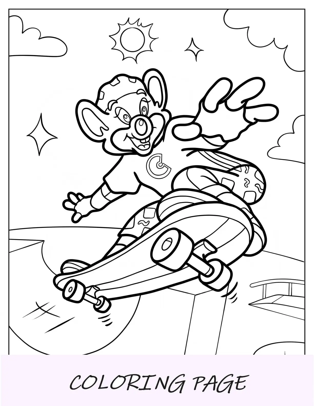 Página para colorir de Chuck E. Cheese andando de skate para crianças