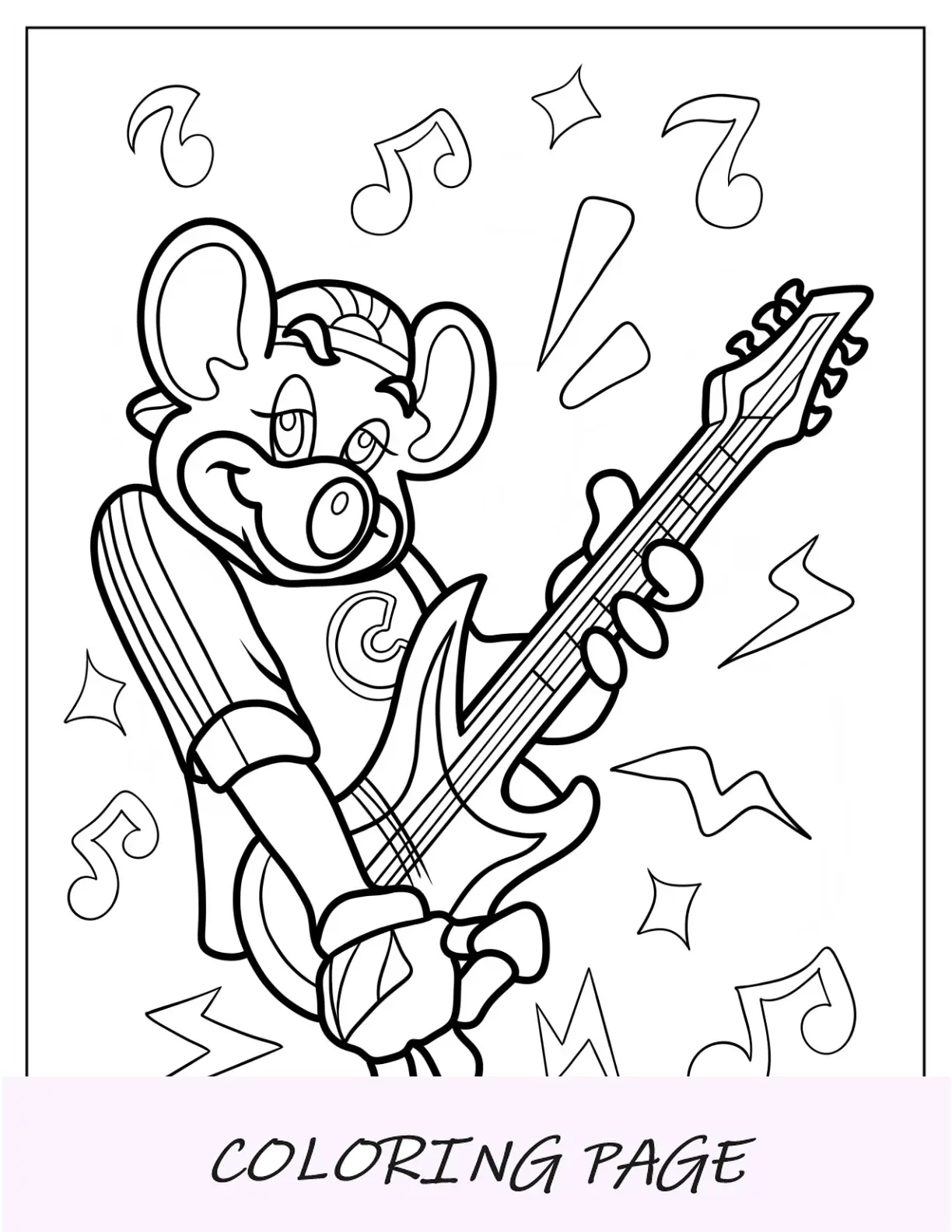Página para colorir de Chuck E. Cheese tocando guitarra