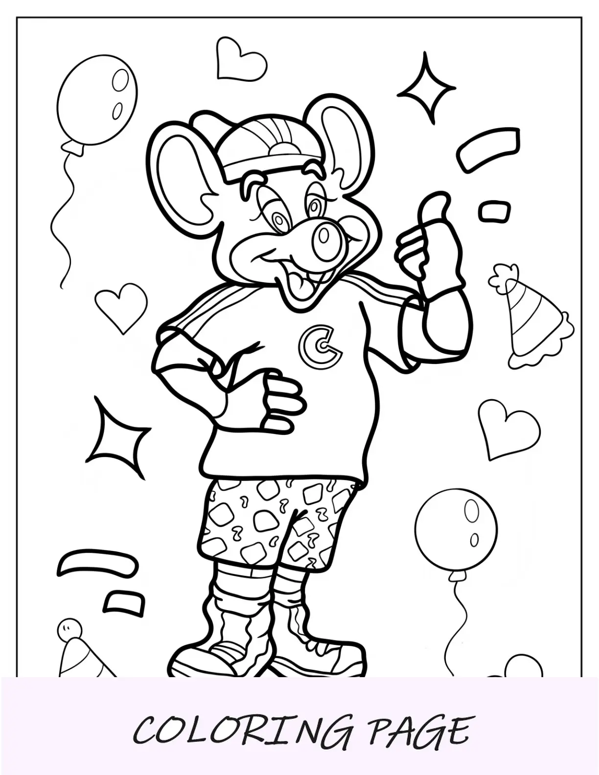 Página para colorir simples de Chuck E. Cheese com balões e chapéu de festa