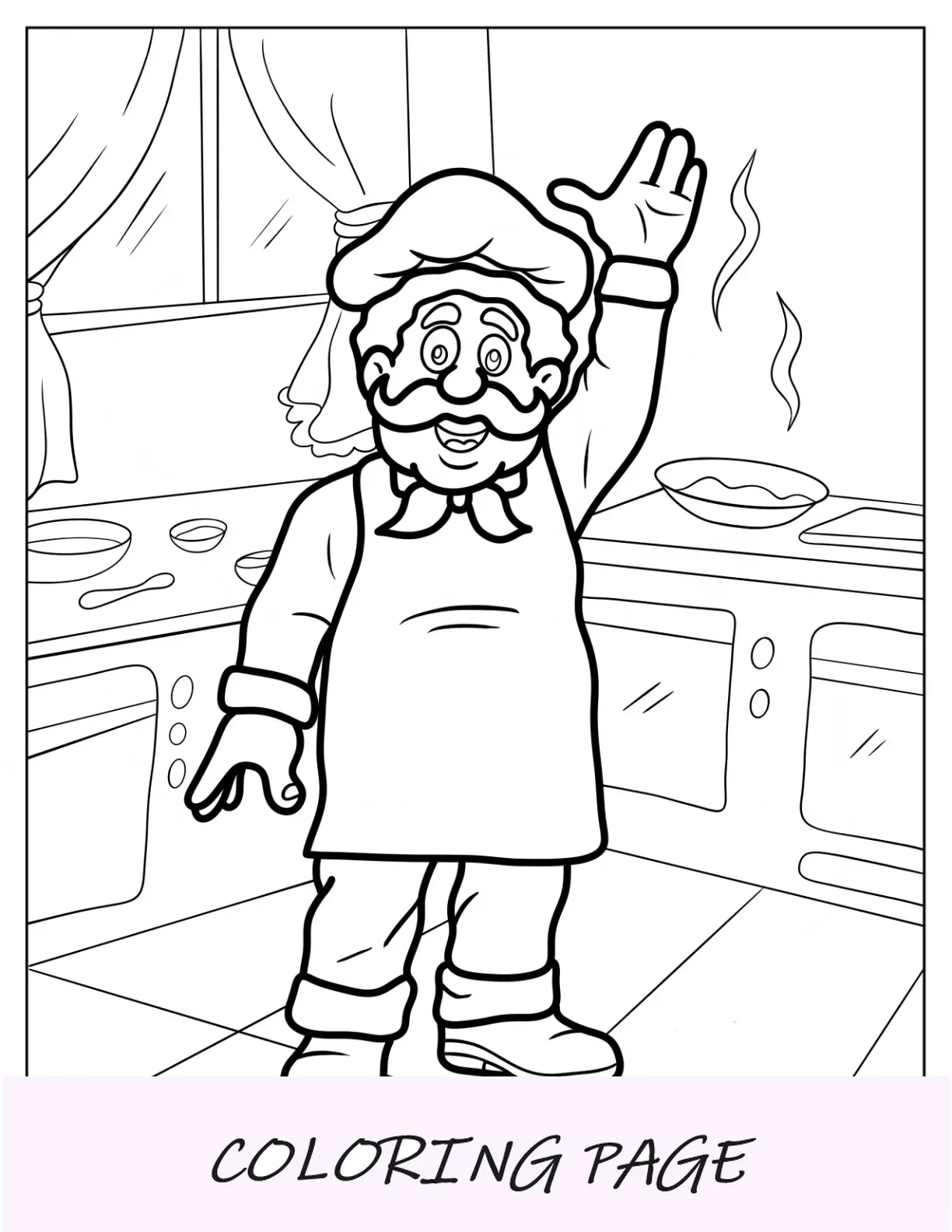 Página para colorir de Chuck E. Cheese de Pasqually na cozinha