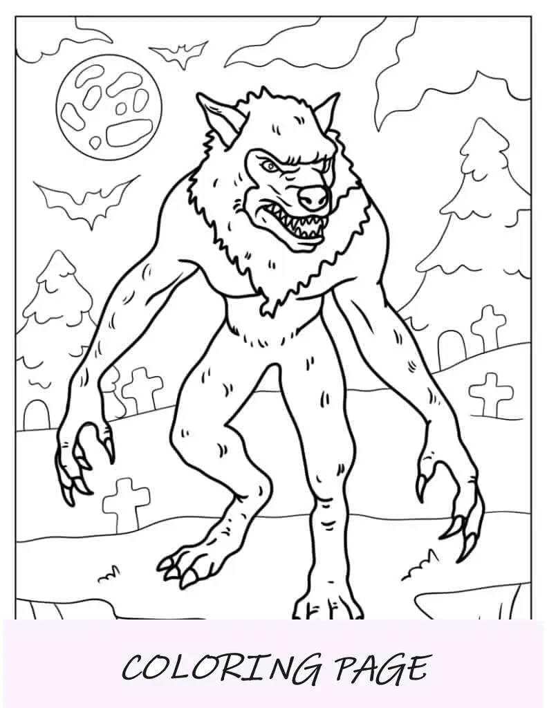 Página para colorir de Halloween de lobisomem assustador