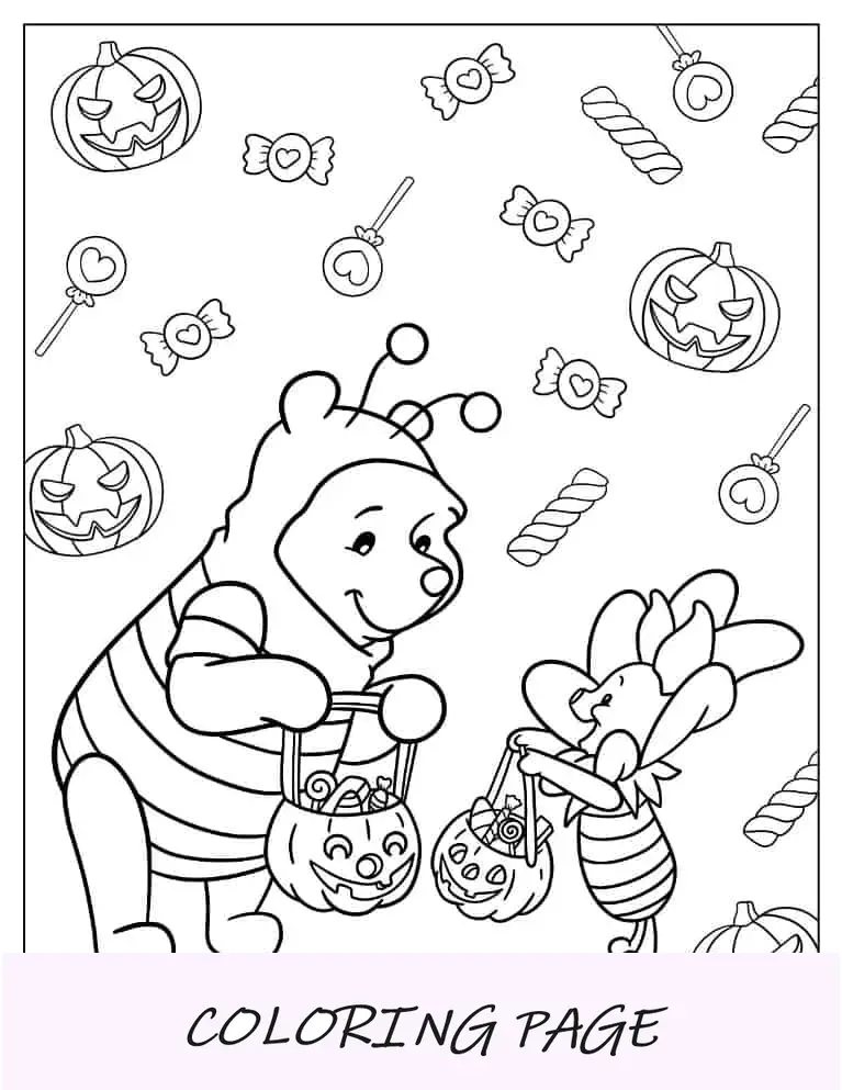Página para colorir de Halloween do Ursinho Pooh e do Leitão no Halloween