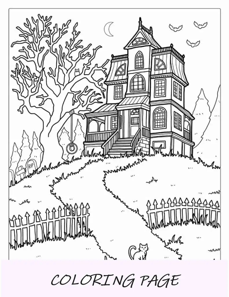 Página para colorir de Halloween de uma casa assombrada realista