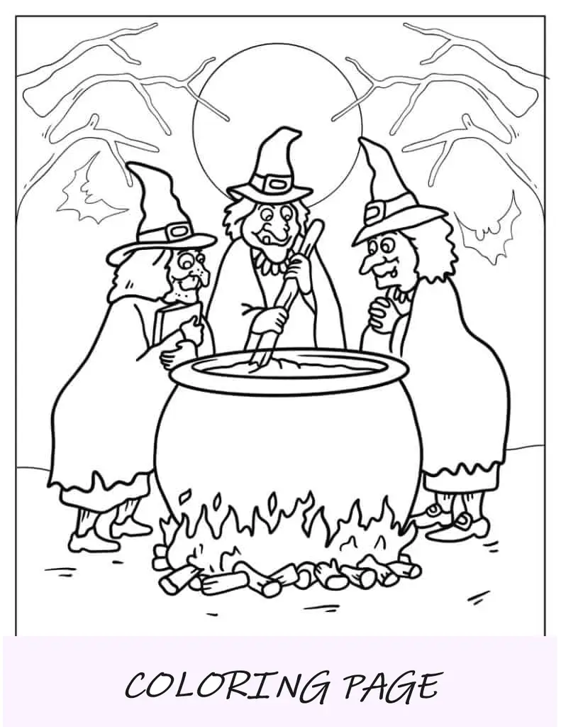 Página para colorir de Halloween com três bruxas lançando feitiços