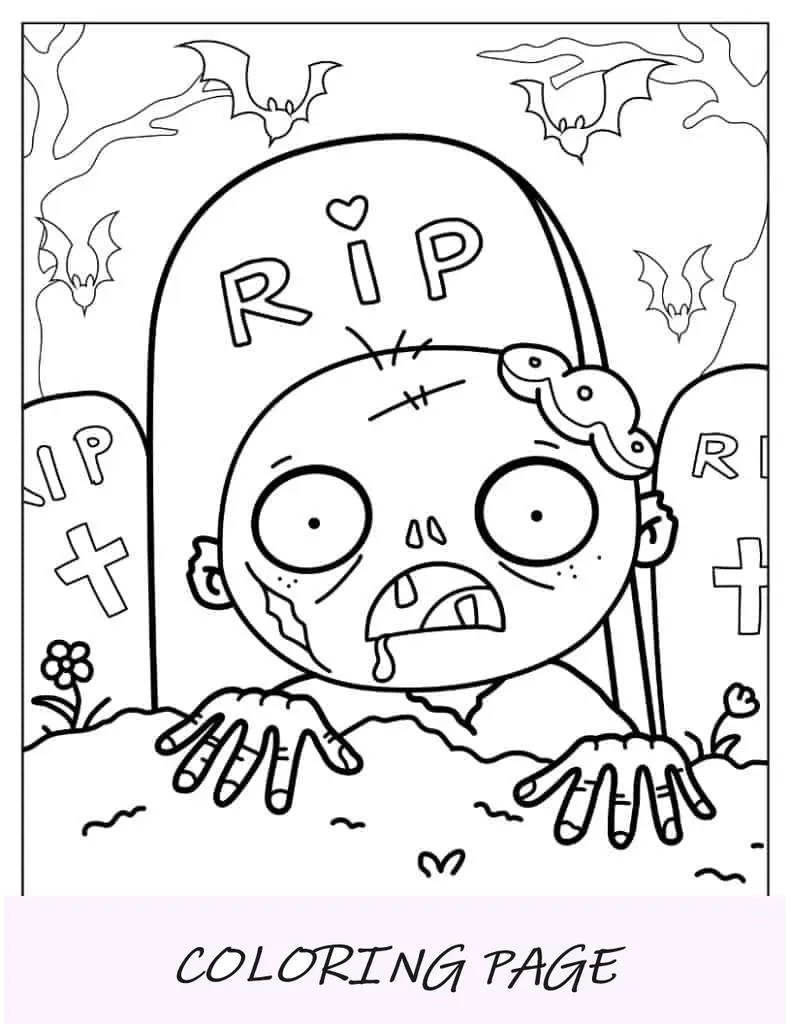 Página para colorir de Halloween de um zumbi fofo subindo do chão
