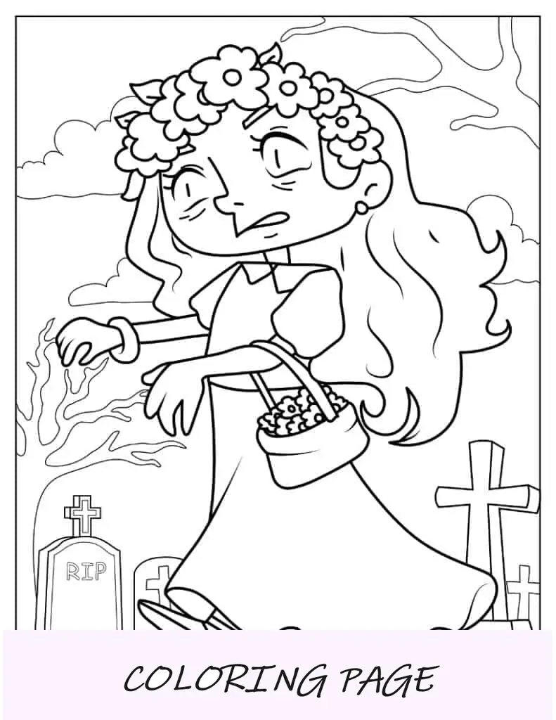 Página para colorir de Halloween da noiva zumbi com flores