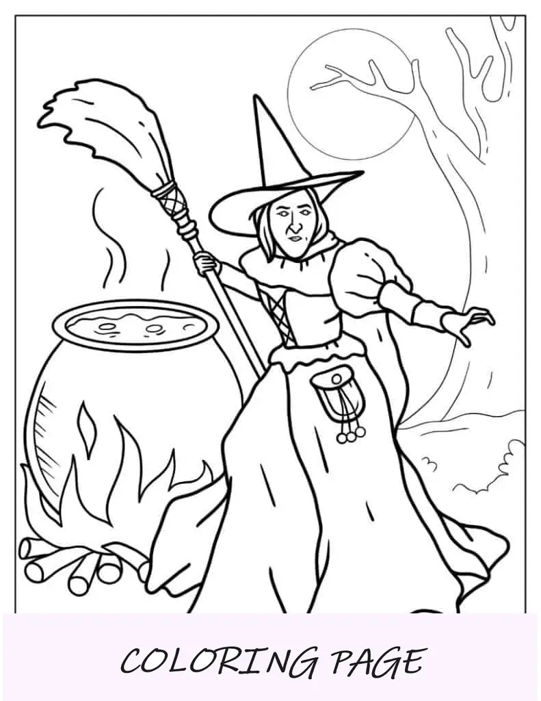 Página para colorir de Halloween de bruxa segurando vassoura